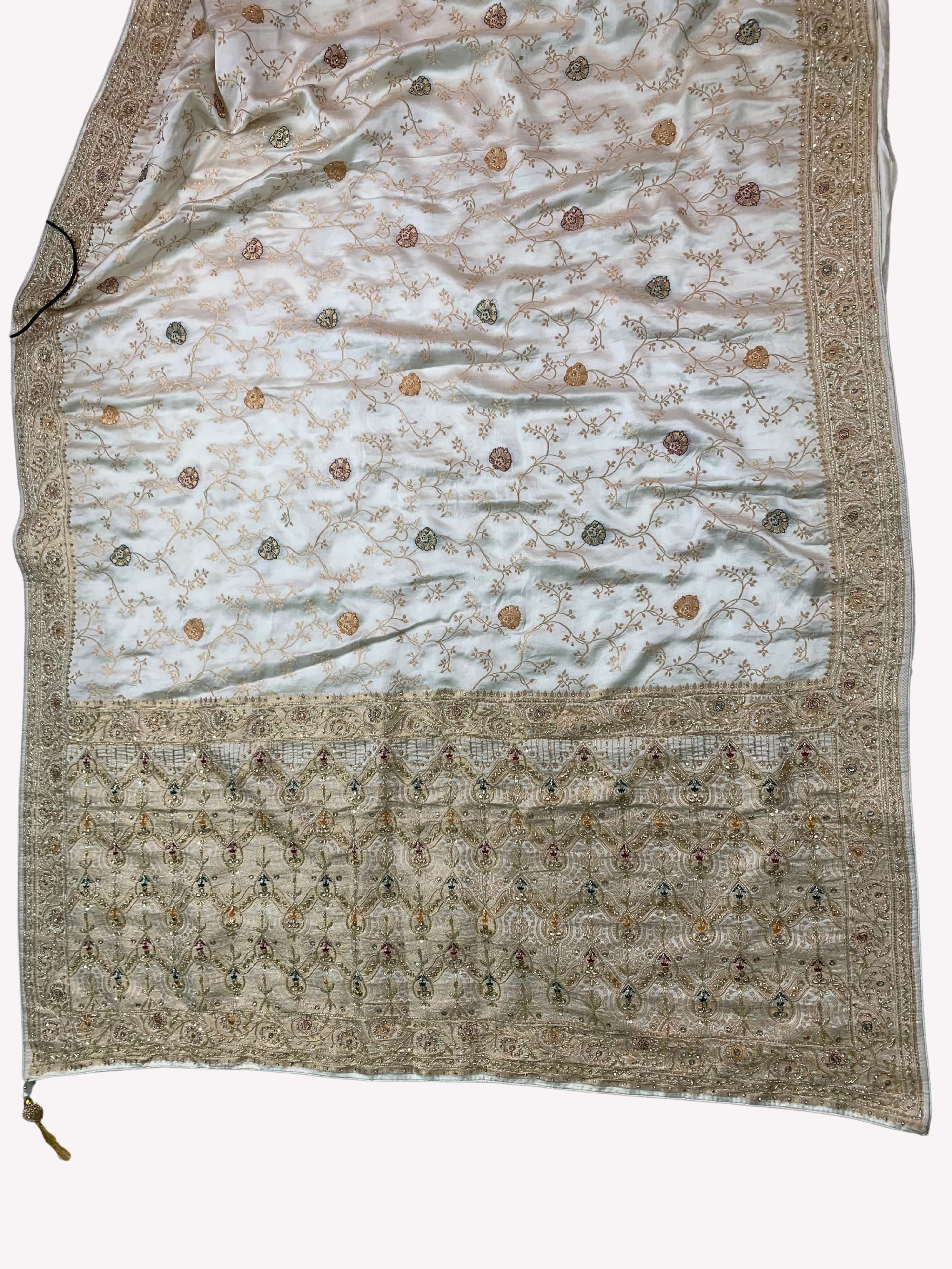 Ivory Silk Unstitched Saree Embellished With Sequins, Cutdana, Zarkan, Dabka & Stone Work